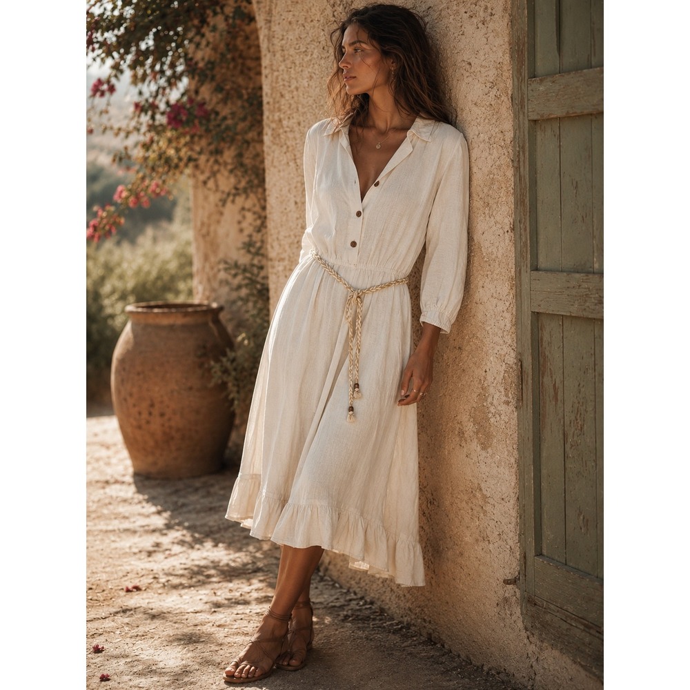 Mlle Gabrielle Womens 3X Cream Linen Blend Ruffle Hem Midi Shirt Dress with Belt